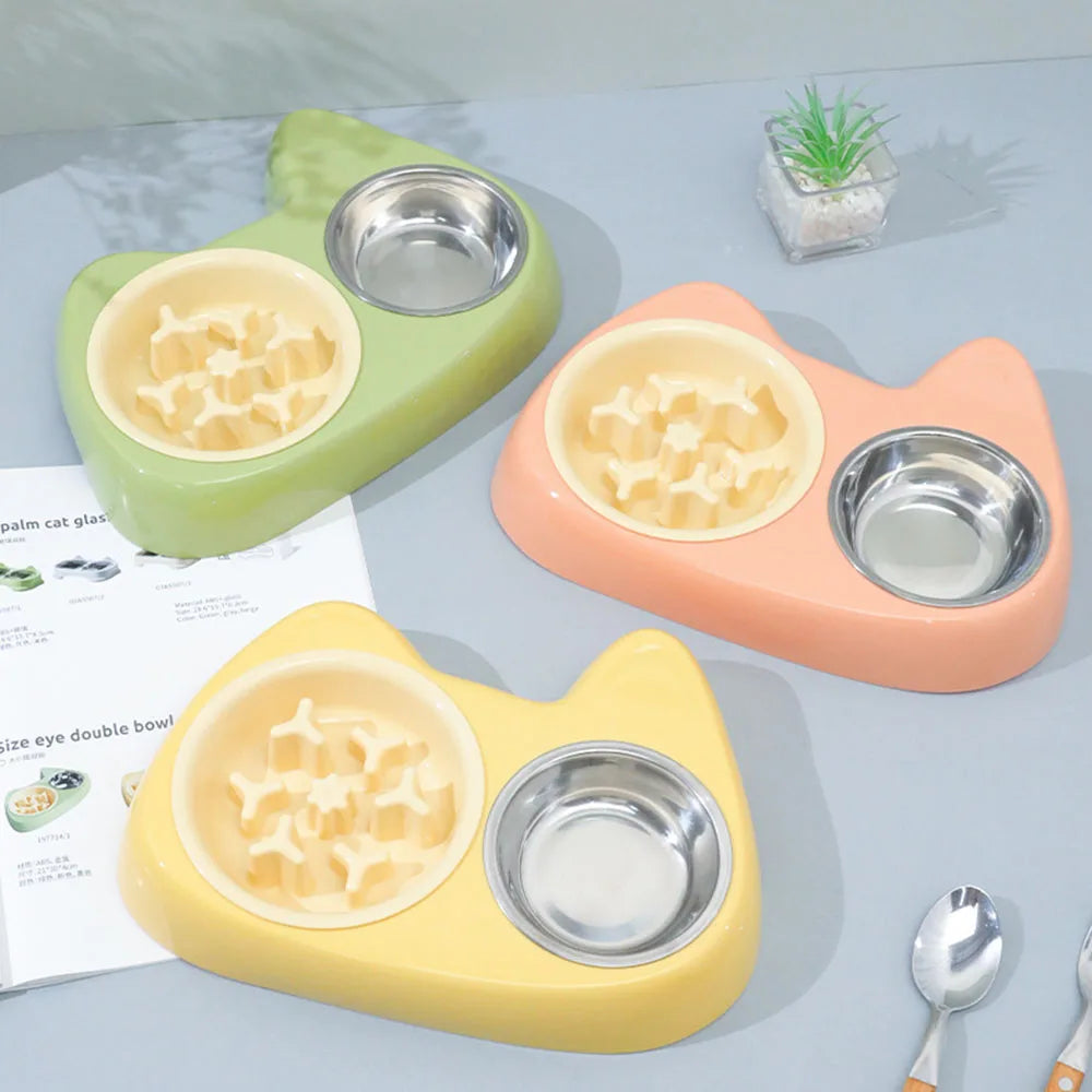 2-in-1 Stainless Steel Anti-Choking Slow Feeder Cat Bowl