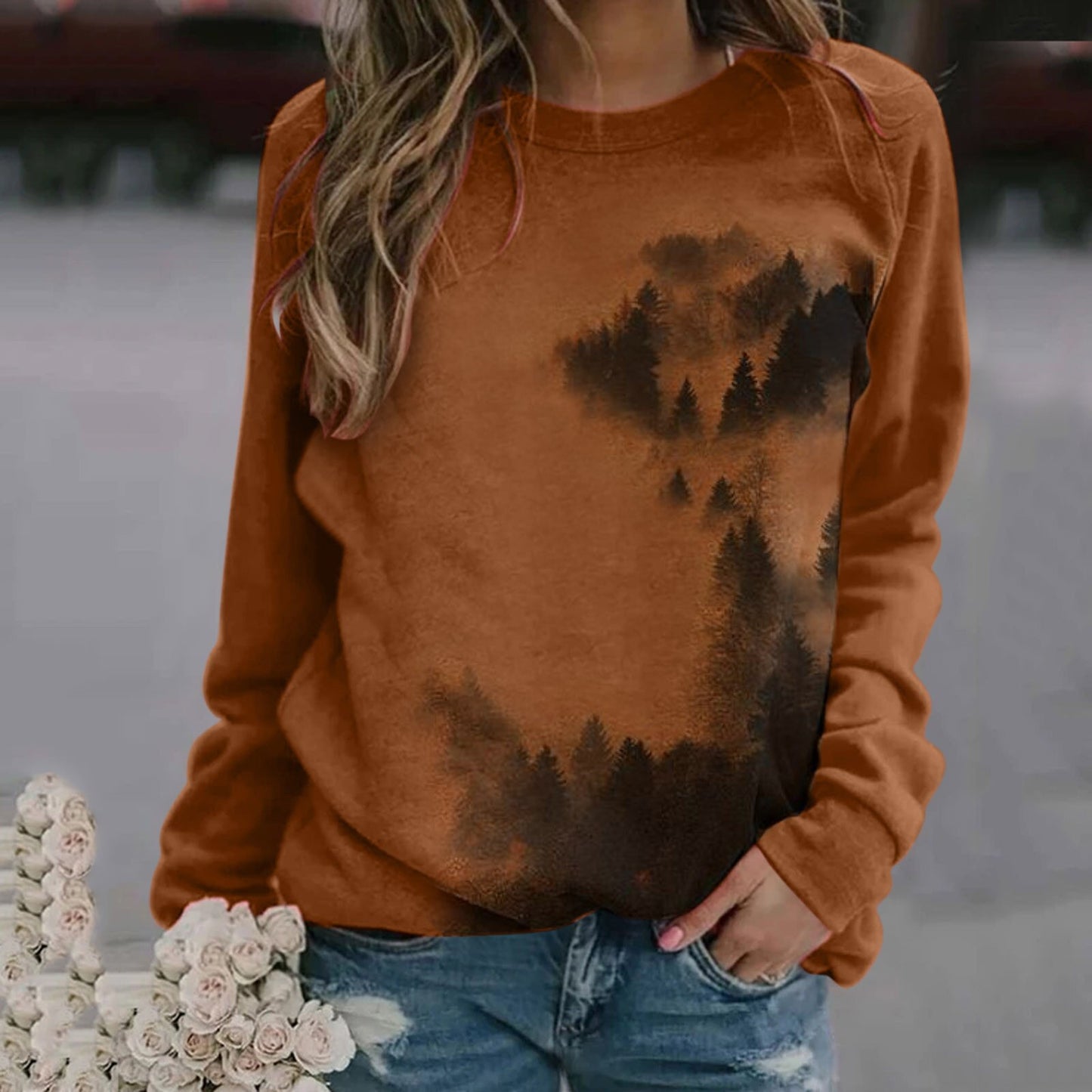 Sweat-shirts imprimés à manches longues et col rond à motif de montagnes