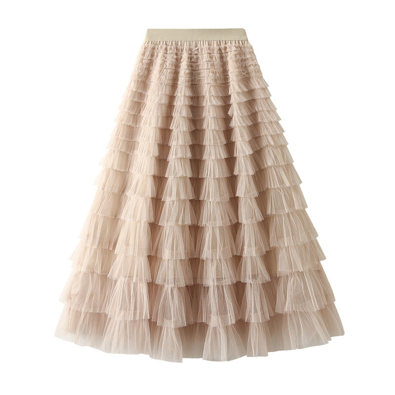 A-Line Mesh Ruffle Sweet Long Women's Skirt