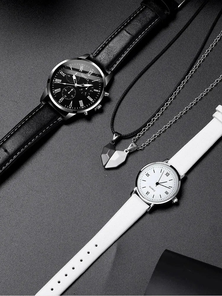 4PCS Set Couple Leather Watches - Simple Dial Quartz Couple Wristwatches