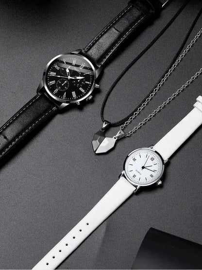 4PCS Set Couple Leather Watches - Simple Dial Quartz Couple Wristwatches