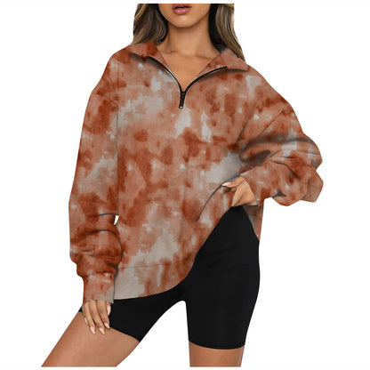 Tie Dye Printed Zippered Womens Long Sleeve Sweatshirt