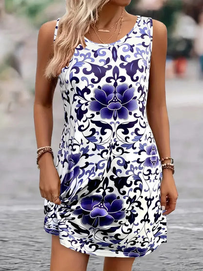 Women’s Floral Print Summer Dress – Round Neck Sleeveless Slim Fit Casual Mini Dress