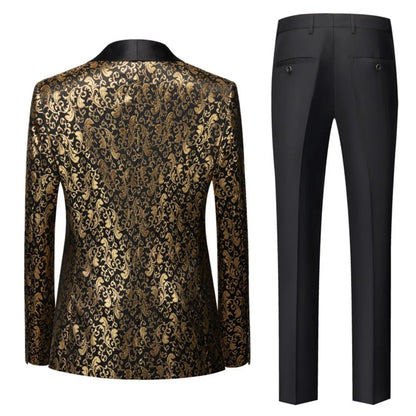 Black and White Men's 3-Piece Suit with Gold Print