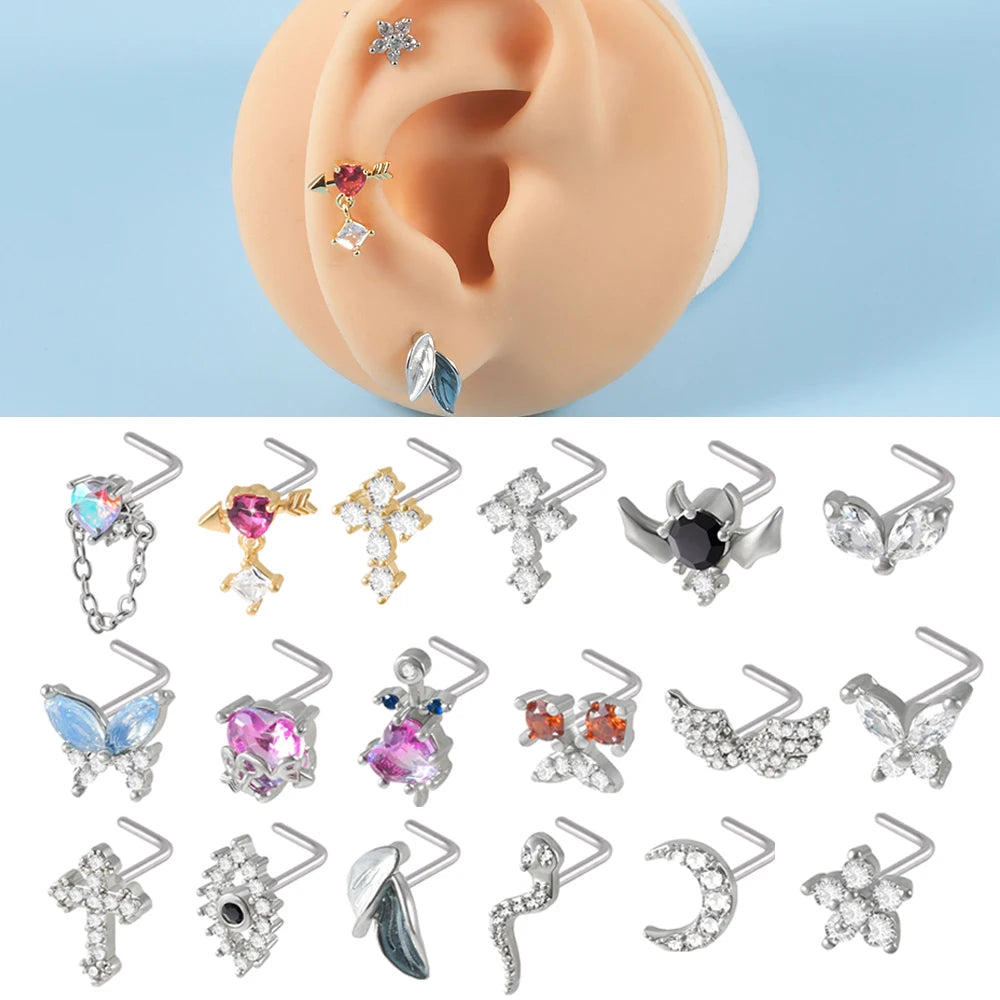 Women's Surgical Steel L Shape Crystal Nose Rings