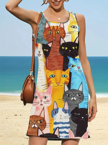 Women’s Floral Print Summer Dress – Round Neck Sleeveless Slim Fit Casual Mini Dress