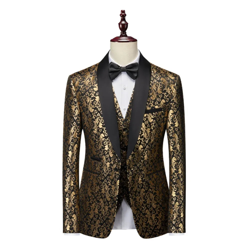 Black and White Men's 3-Piece Suit with Gold Print