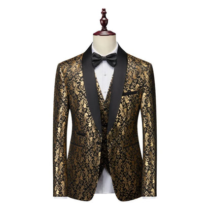 Black and White Men's 3-Piece Suit with Gold Print