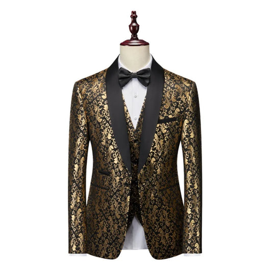 Black and White Men's 3-Piece Suit with Gold Print