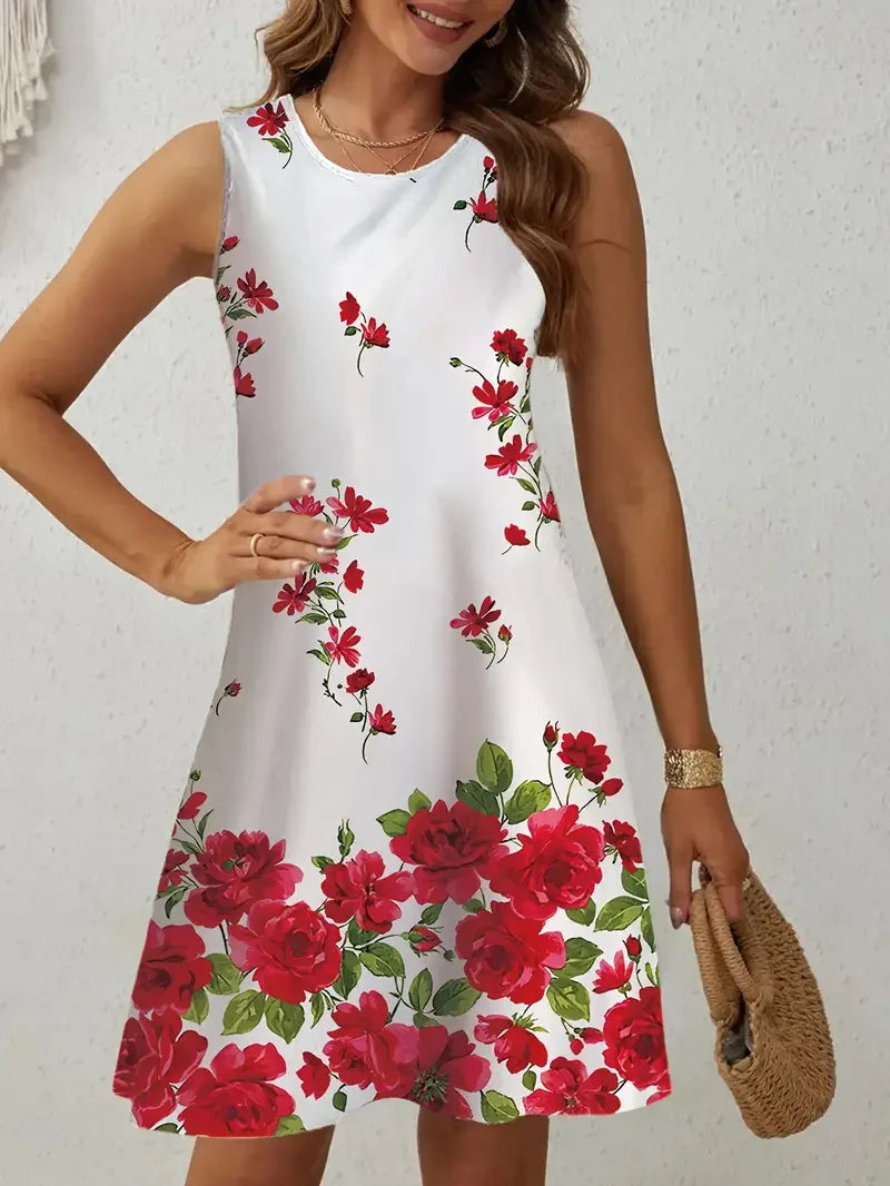 Women’s Floral Print Summer Dress – Round Neck Sleeveless Slim Fit Casual Mini Dress