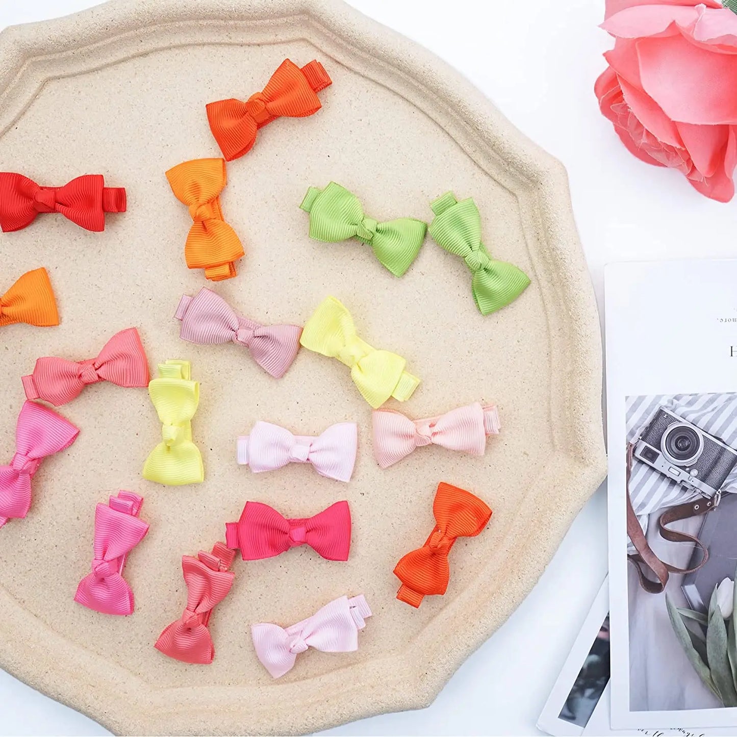 20pcs Solid Ribbon Bowknot Hair Clips For Baby Girls