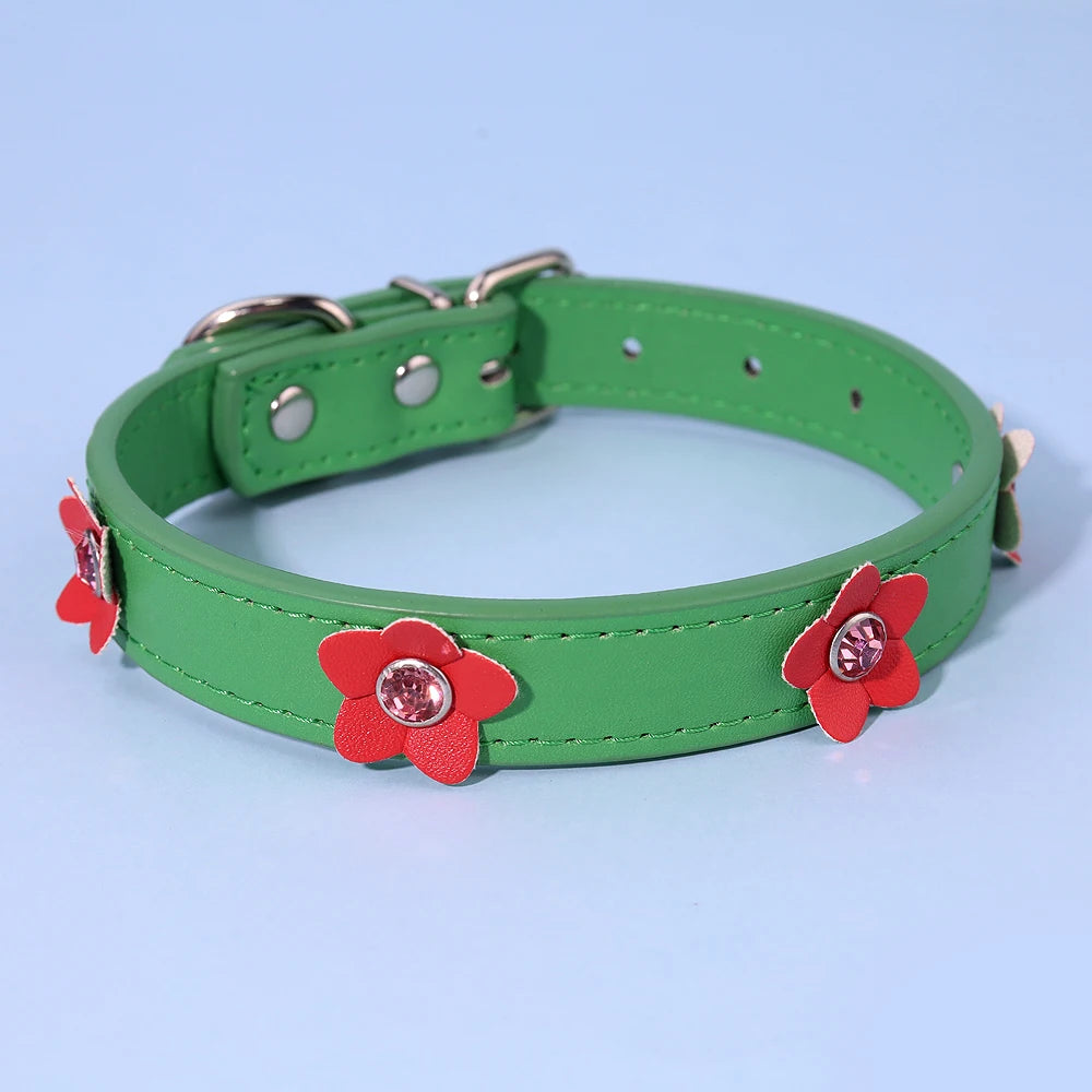Cute Flower Adjustable Leather Padded Dog Collar