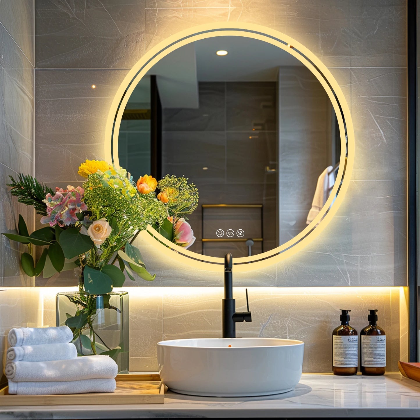 Anti-Fog Colorful Round LED Backlit Bathroom Mirror