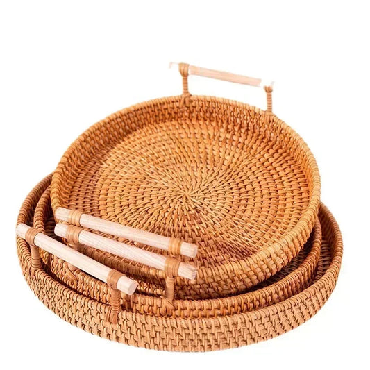 Artisanal Rattan Serving Tray Dual Handles Presentation Platter