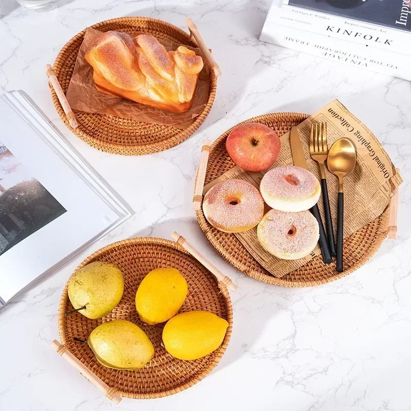 Artisanal Rattan Serving Tray Dual Handles Presentation Platter