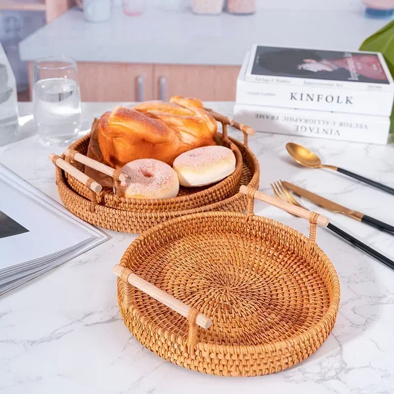 Artisanal Rattan Serving Tray Dual Handles Presentation Platter