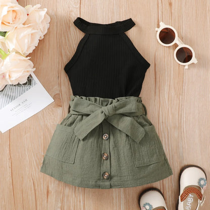 Baby Girl Clothing Set Ribbed Hanging Neck Top+Short Skirt Outfit