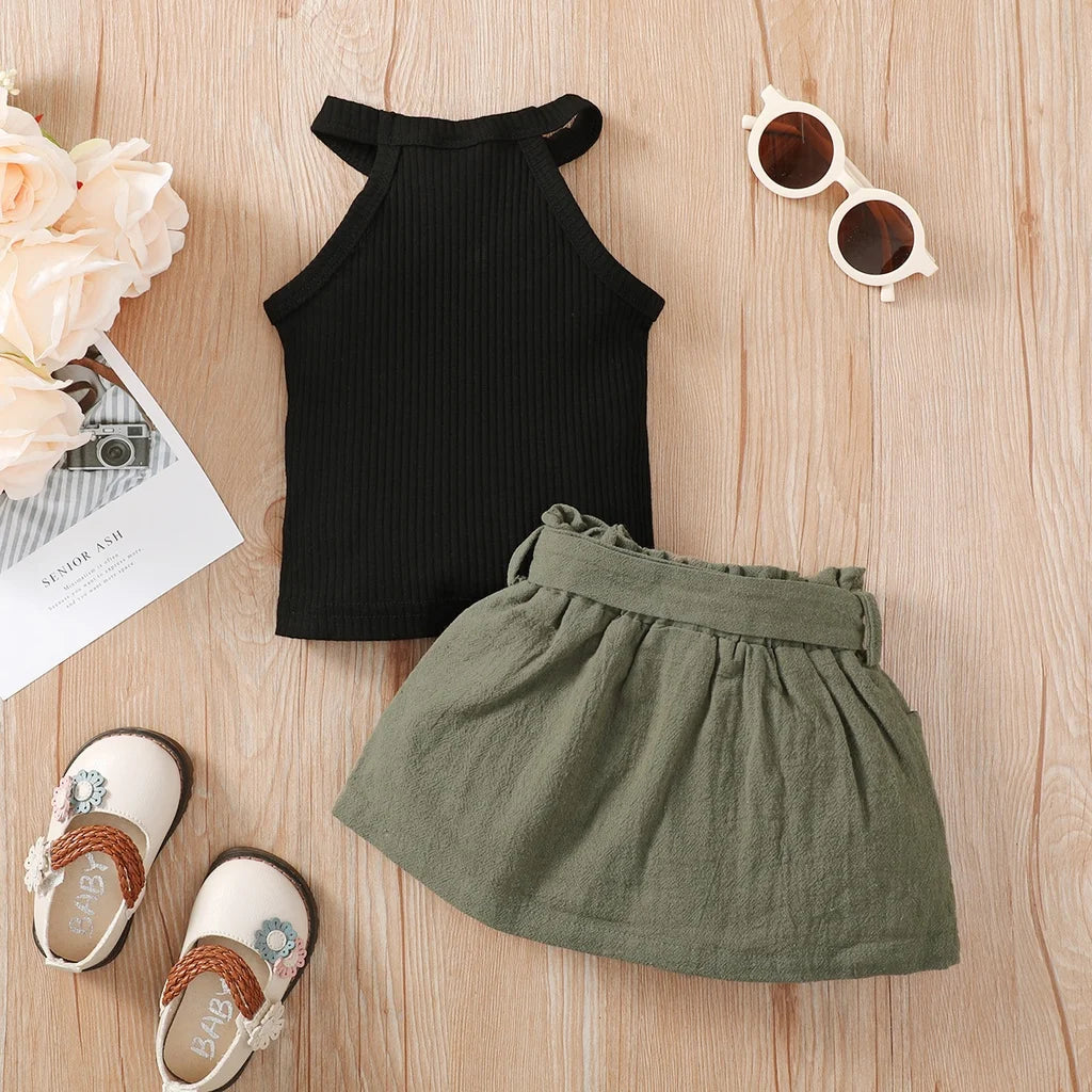 Baby Girl Clothing Set Ribbed Hanging Neck Top+Short Skirt Outfit