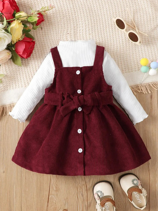 Baby Girl High Neck Solid Color Long sleeved Dress Set with Waist Wrap