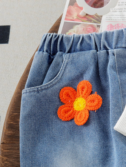 Baby Girl Solid Color Big Bow Suspender Top with Blue Flared Jeans