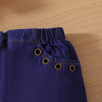 Baby Girl White Long-sleeved Top + Blue Flared Jeans 2-piece Set Suitable