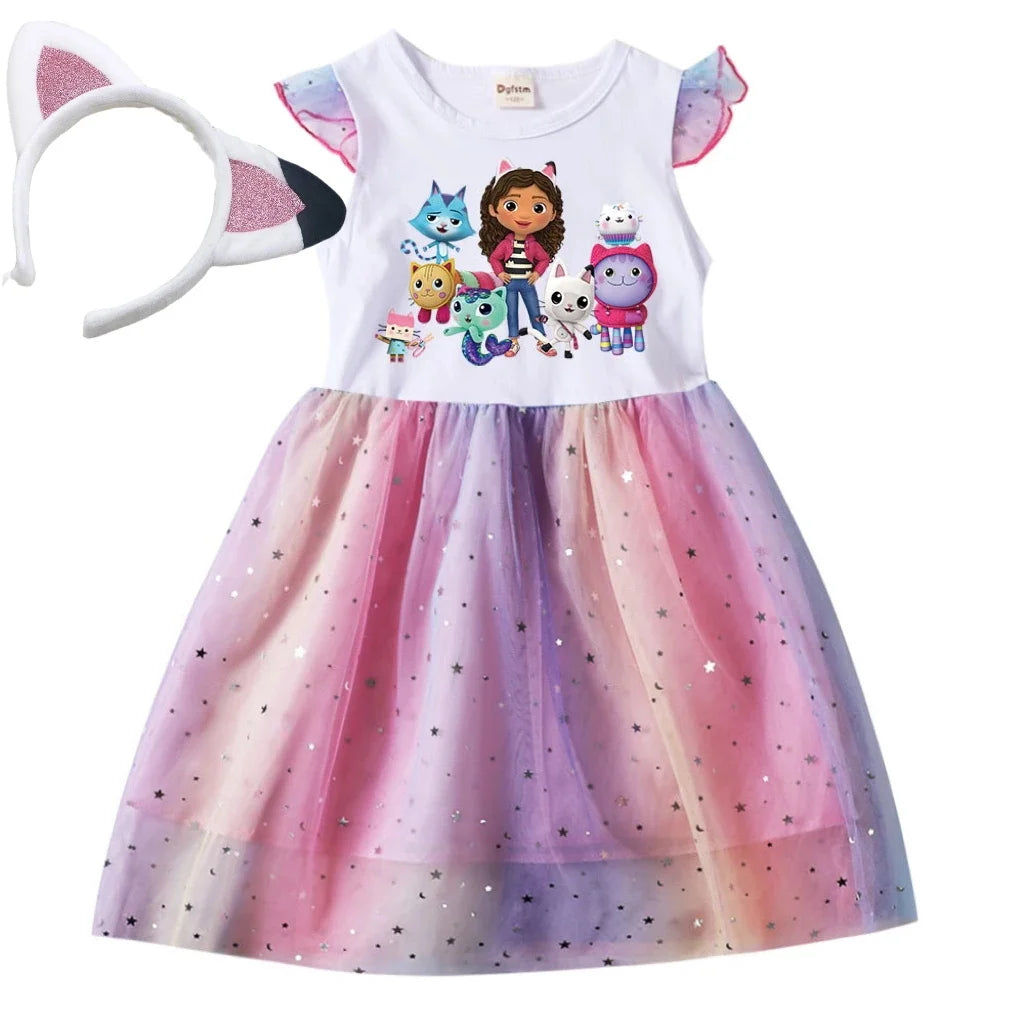 Baby Girls Cartoon  Dress - Star Sequins Kids Flying Sleeve Skirt