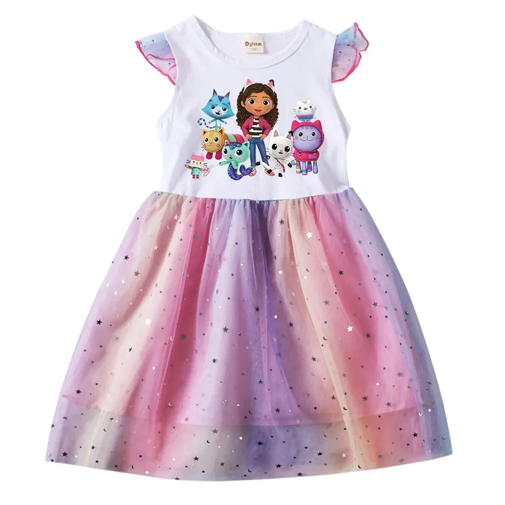 Baby Girls Cartoon  Dress - Star Sequins Kids Flying Sleeve Skirt