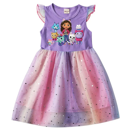 Baby Girls Cartoon  Dress - Star Sequins Kids Flying Sleeve Skirt