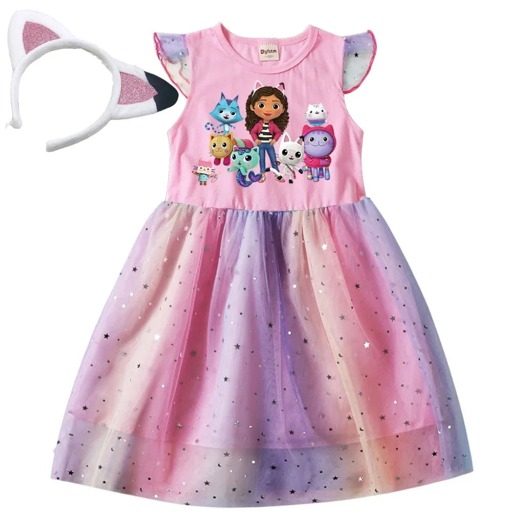 Baby Girls Cartoon  Dress - Star Sequins Kids Flying Sleeve Skirt
