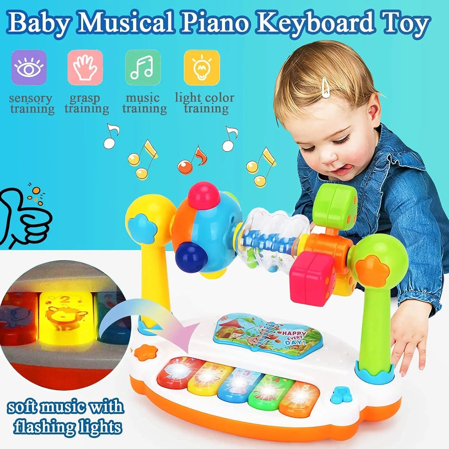 Baby Piano Toys Kids Rotating Music Piano Keyboard with Light Soundt