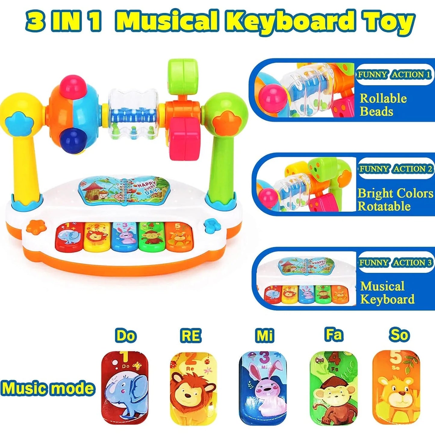 Baby Piano Toys Kids Rotating Music Piano Keyboard with Light Sound