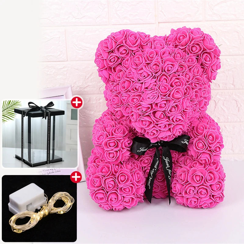 Valentine Gifts Decoration Rose Bear Artificial Flower With Box Lights Teddy Bear