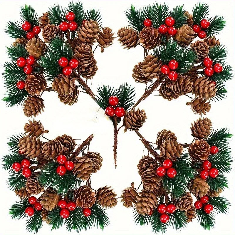 Christmas Pine Cones Red Berries Decor Set