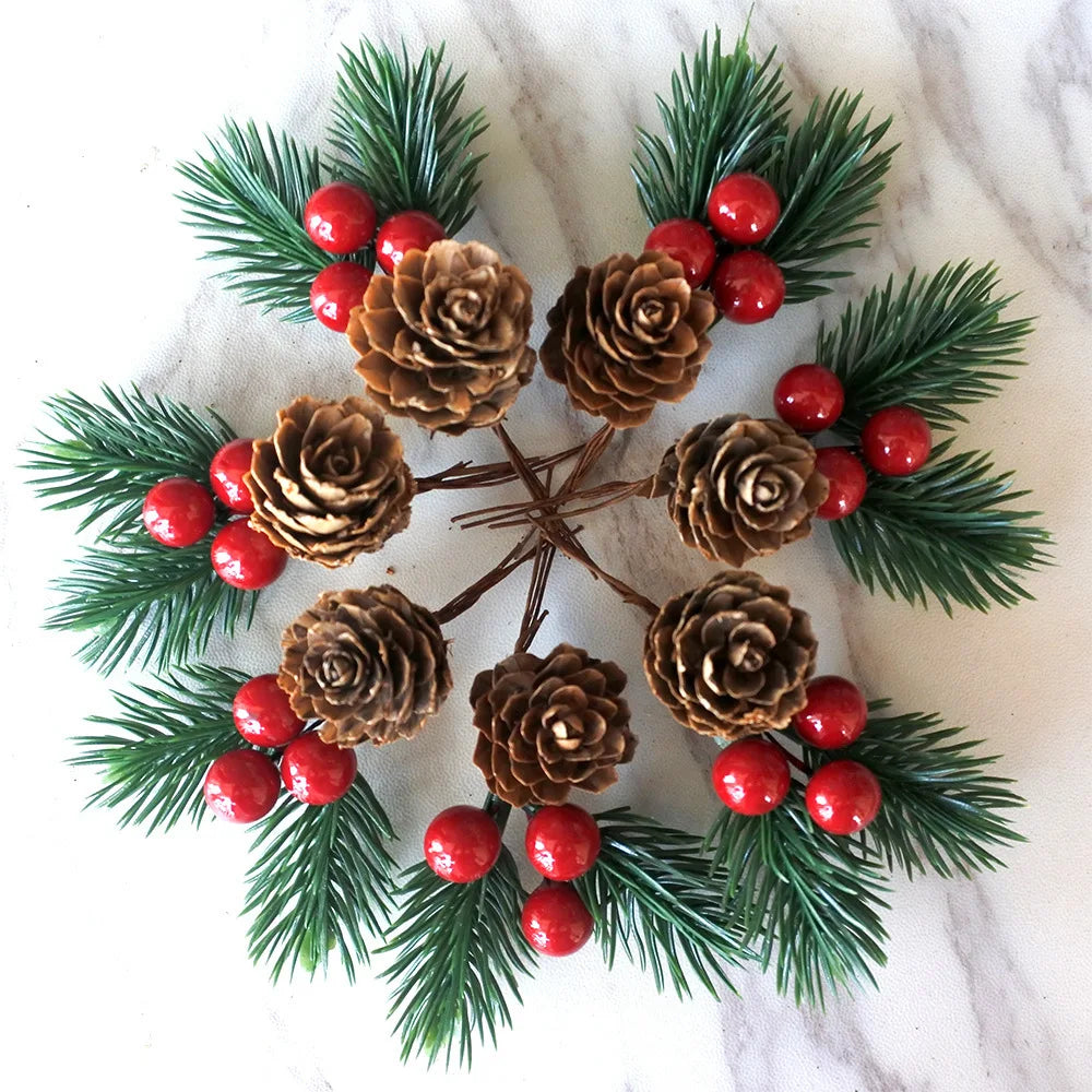 Christmas Pine Cones Red Berries Decor Set
