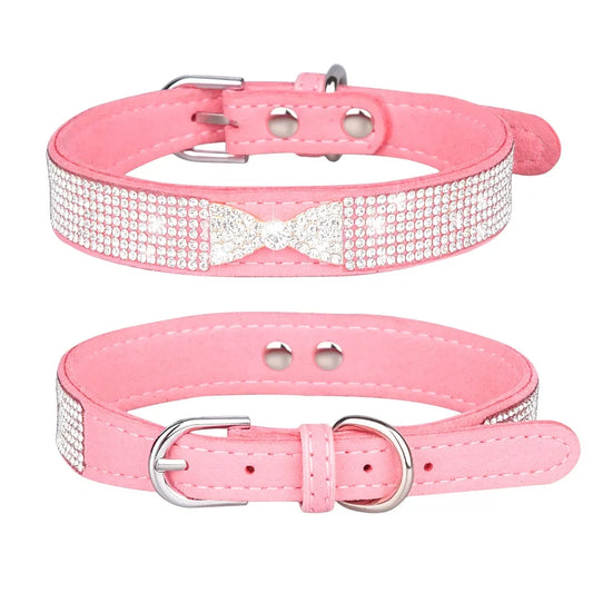 Comfortable Leather Bow Rhinestone Dog Collar