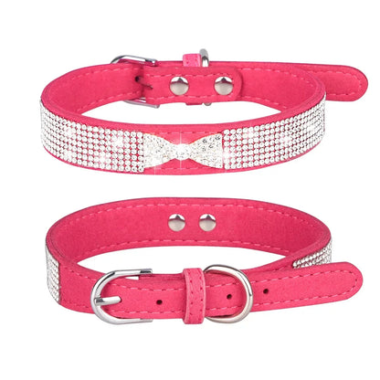 Comfortable Leather Bow Rhinestone Dog Collar