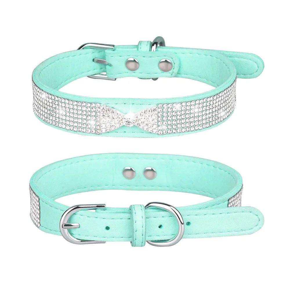Comfortable Leather Bow Rhinestone Dog Collar