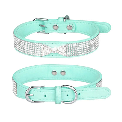 Comfortable Leather Bow Rhinestone Dog Collar
