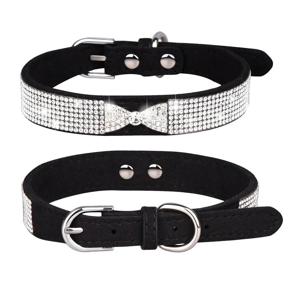 Comfortable Leather Bow Rhinestone Dog Collar