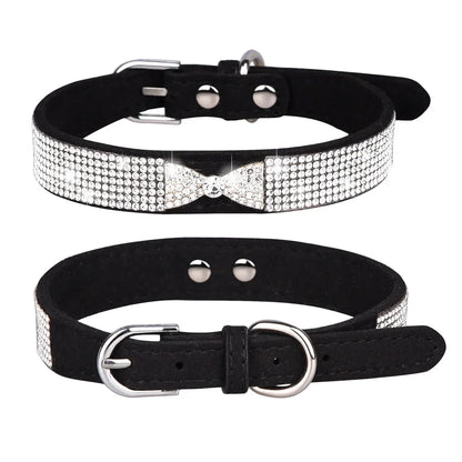 Comfortable Leather Bow Rhinestone Dog Collar