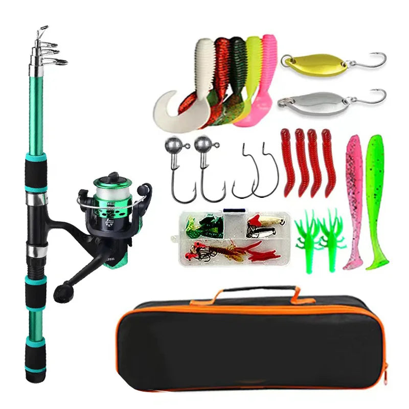 Complete Fishing Pole Set - Telescopic Rod, Reel, Baits, Hooks
