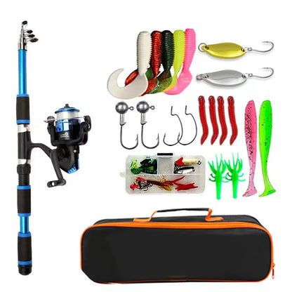 Complete Fishing Pole Set - Telescopic Rod, Reel, Baits, Hooks

