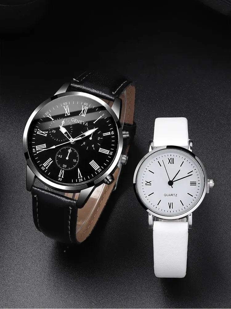 4PCS Set Couple Leather Watches - Simple Dial Quartz Couple Wristwatches