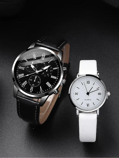 4PCS Set Couple Leather Watches - Simple Dial Quartz Couple Wristwatches