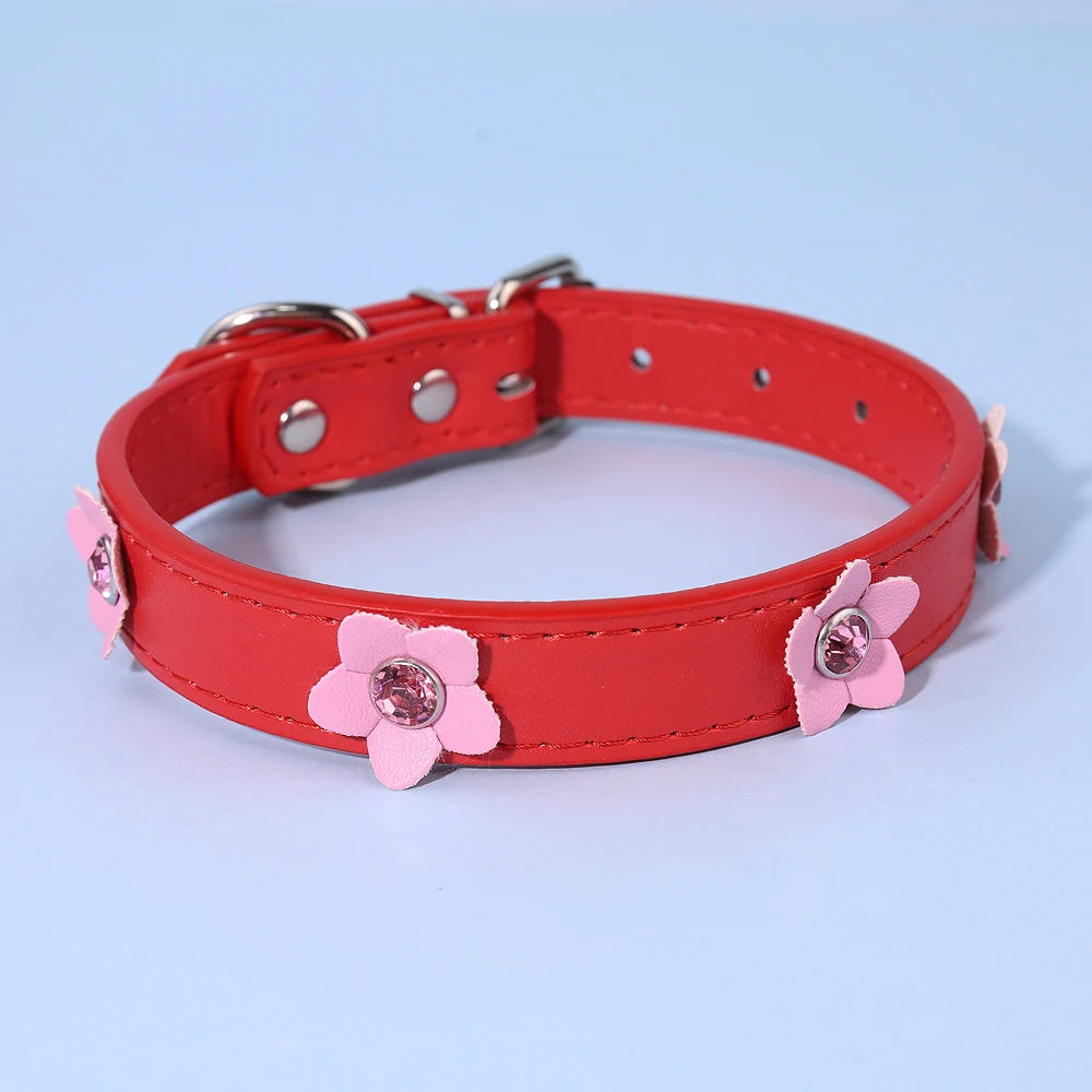 Cute Flower Adjustable Leather Padded Dog Collar