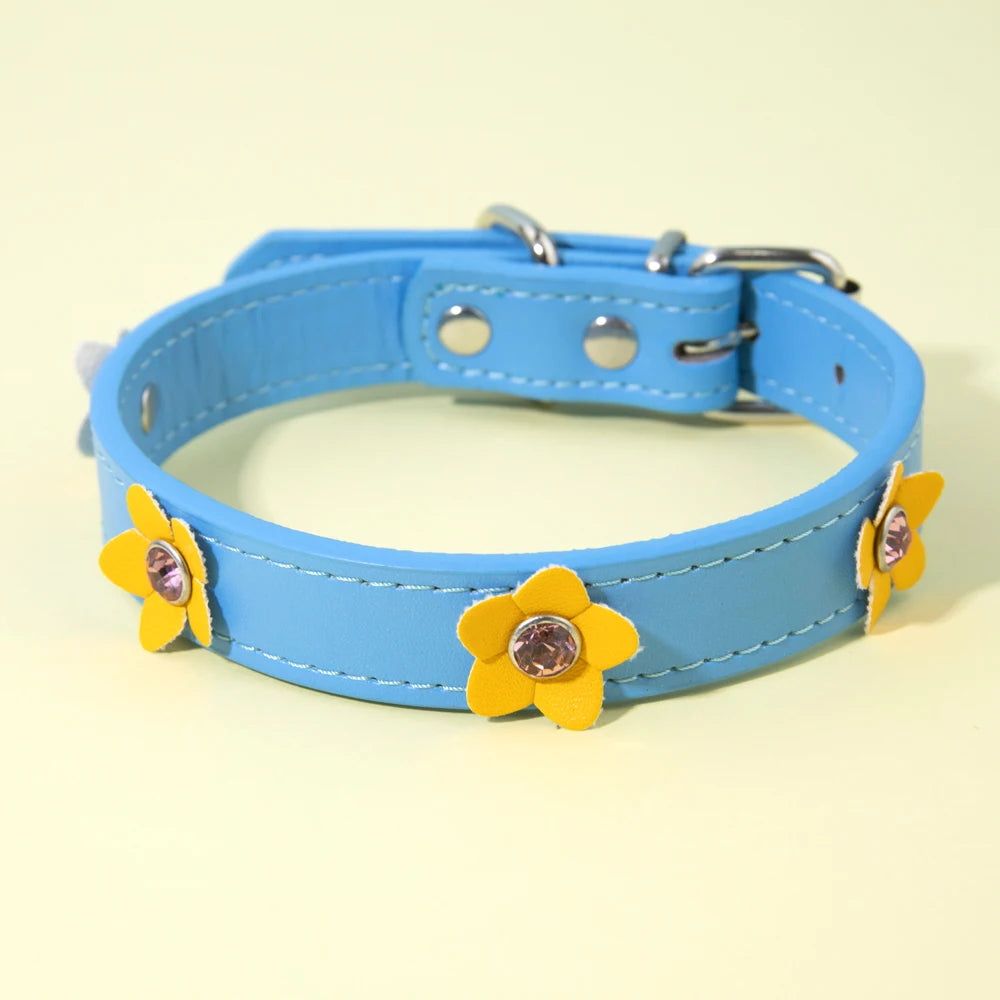 Cute Flower Adjustable Leather Padded Dog Collar