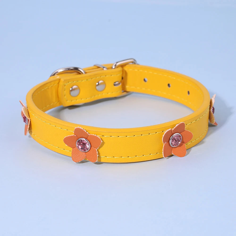 Cute Flower Adjustable Leather Padded Dog Collar