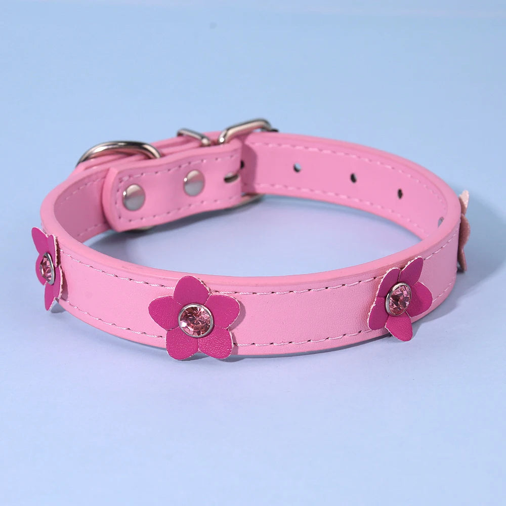 Cute Flower Adjustable Leather Padded Dog Collar