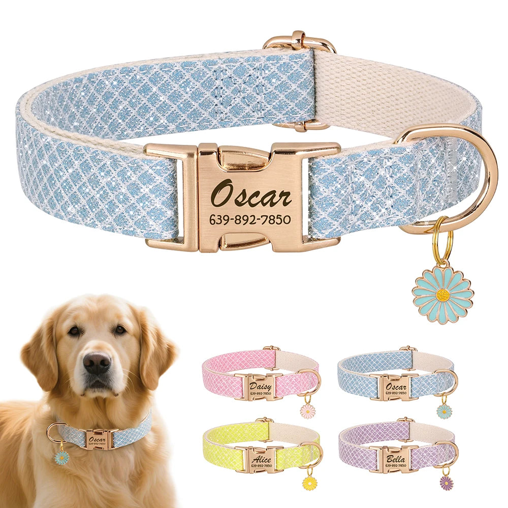 Cute Flower Tag Free Engraved Dog Collar