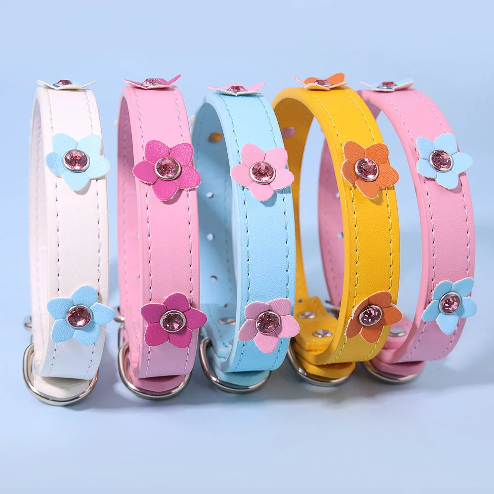 Cute Flowers Adjustable Leather Padded Dog Collar